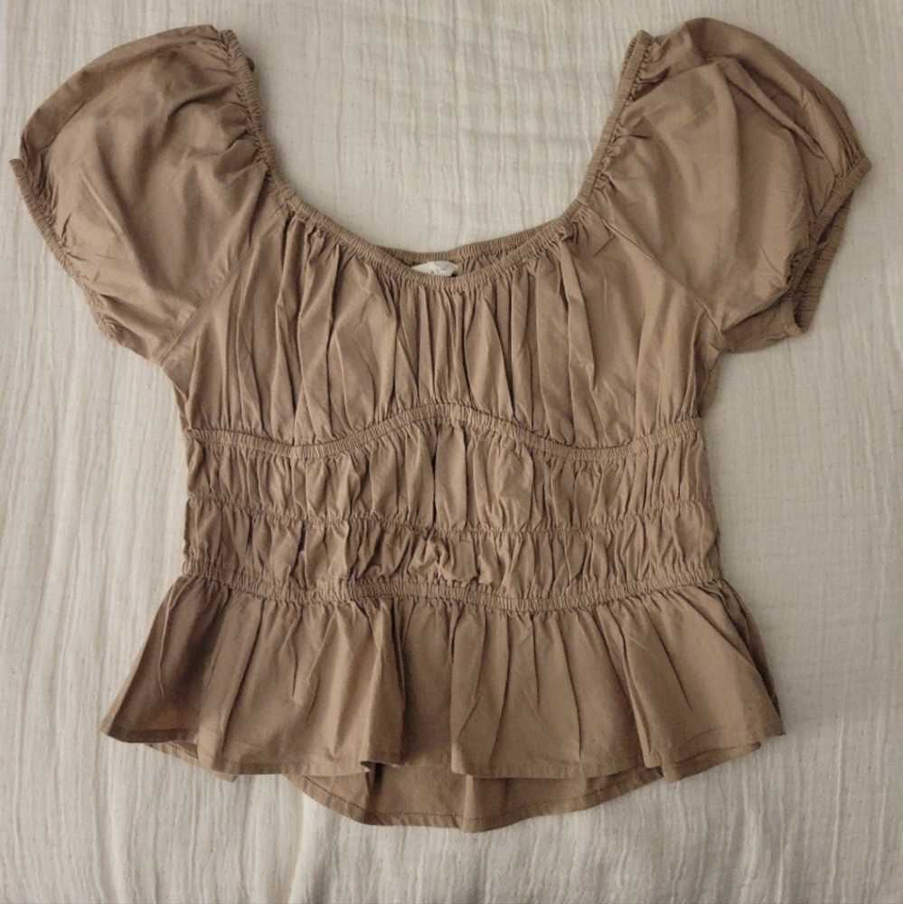 SIM & SAM Beige Corset Style Puff Short Sleeve Cotton Blouse